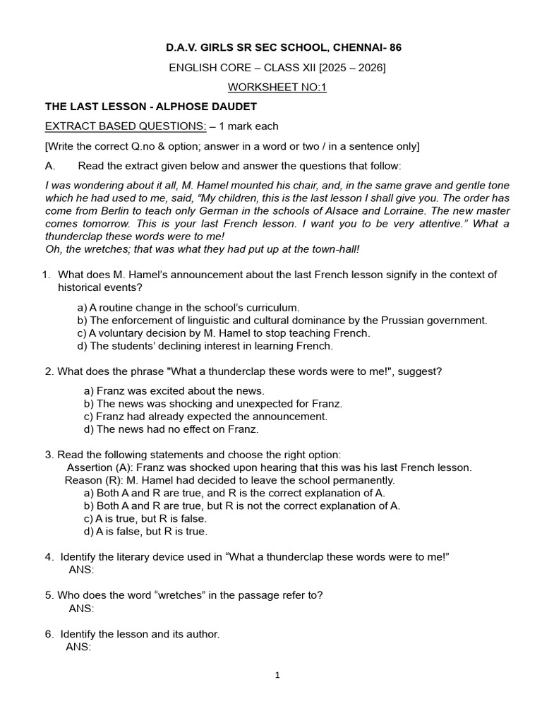Worksheet 1 - Class Xii 2025 | PDF | Silence | Poetry