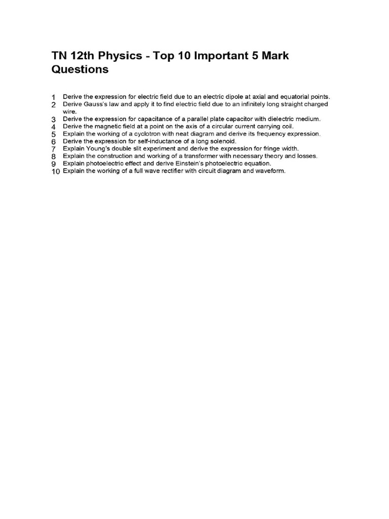 TN 12th Physics Top 10 5 Mark Questions Page-0001 | PDF