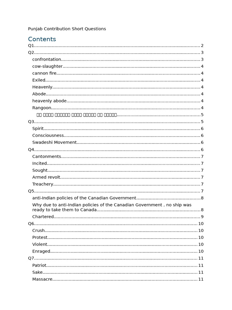 Punjab Contribution Short Questions | PDF