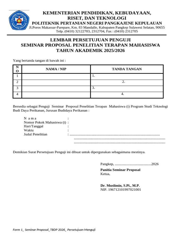 FORM 1. Persetujuan Menguji Seminar (2 Rangkap) | PDF