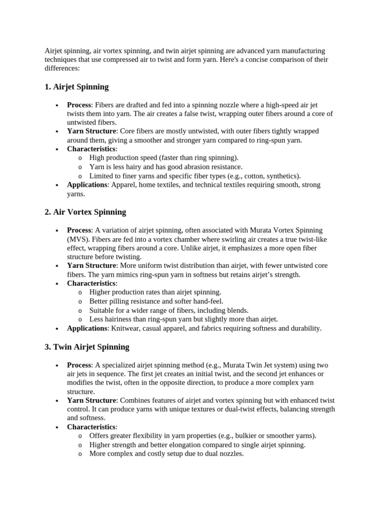 Airjet Spinning, Air Vortex Spinning, and Twin Airjet Spinning | PDF ...