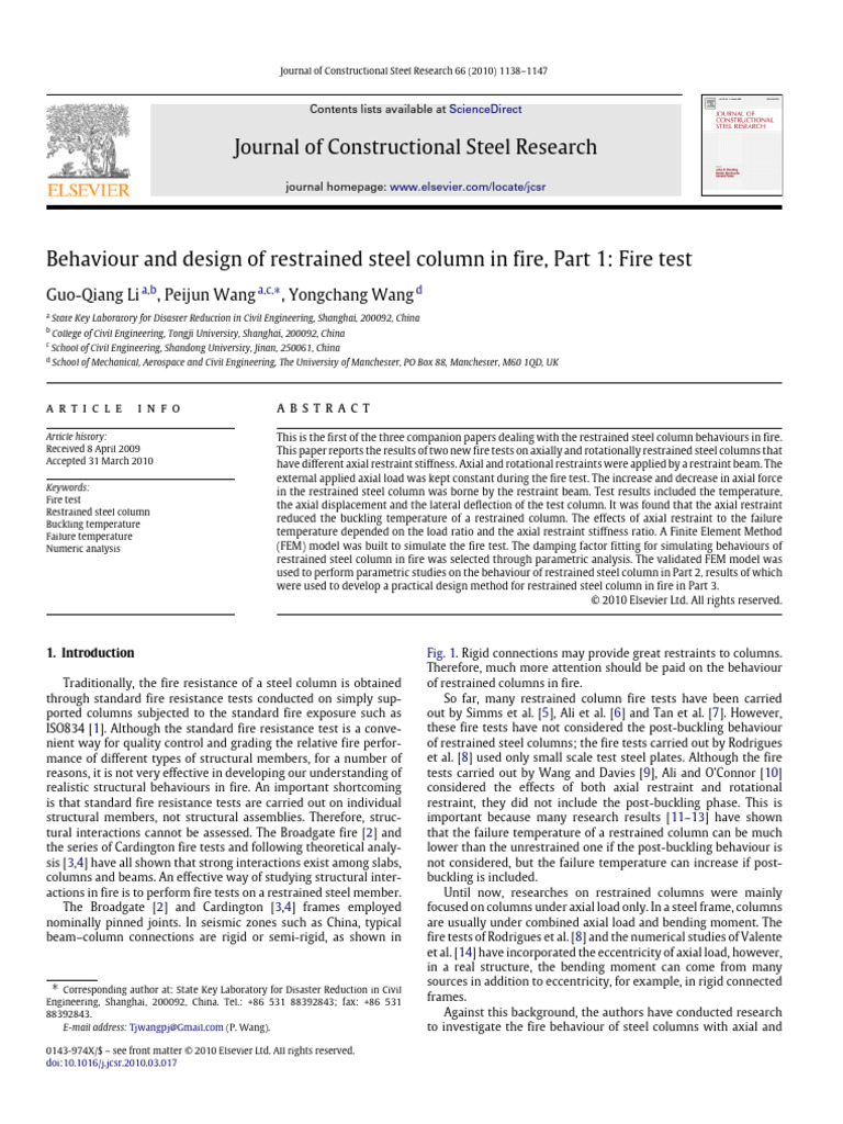 Behaviour and Design of Restrained Steel Column in Fire, Part 1 - Fire ...