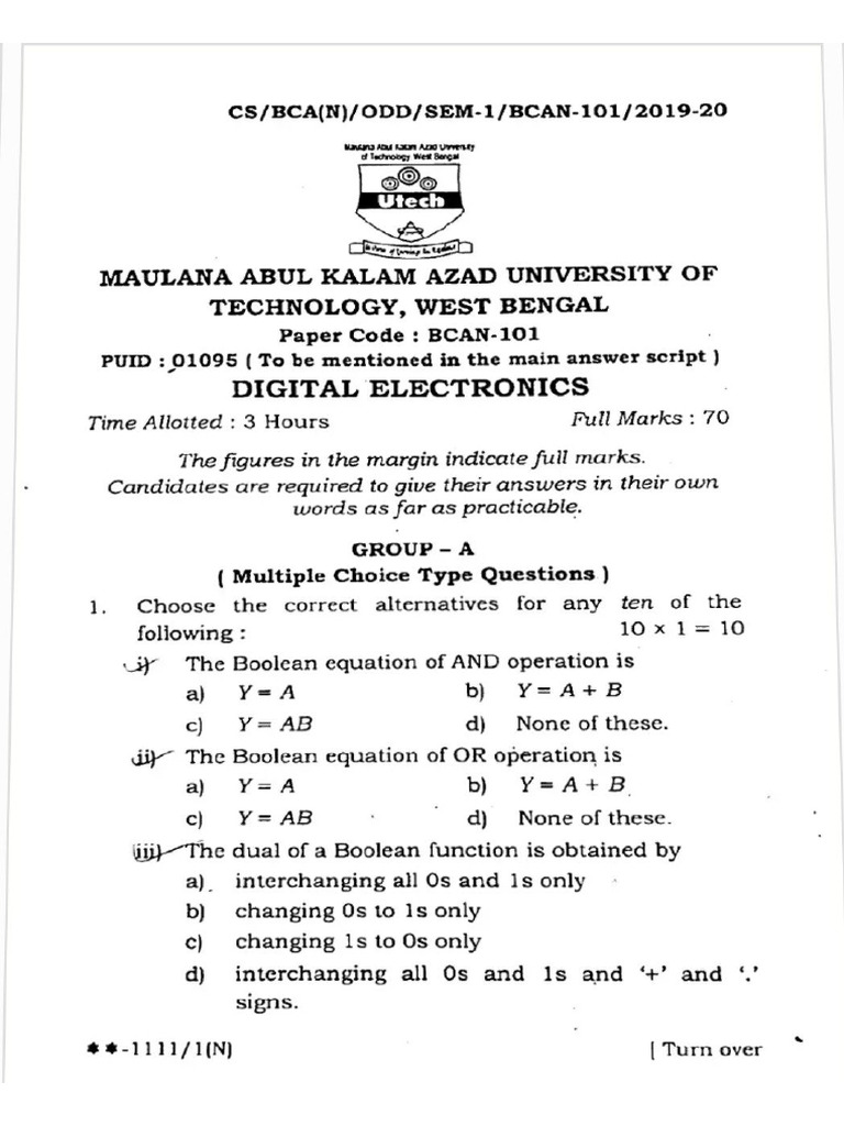 Digital Electronics 1 Sem Exam Paper, BCA | PDF