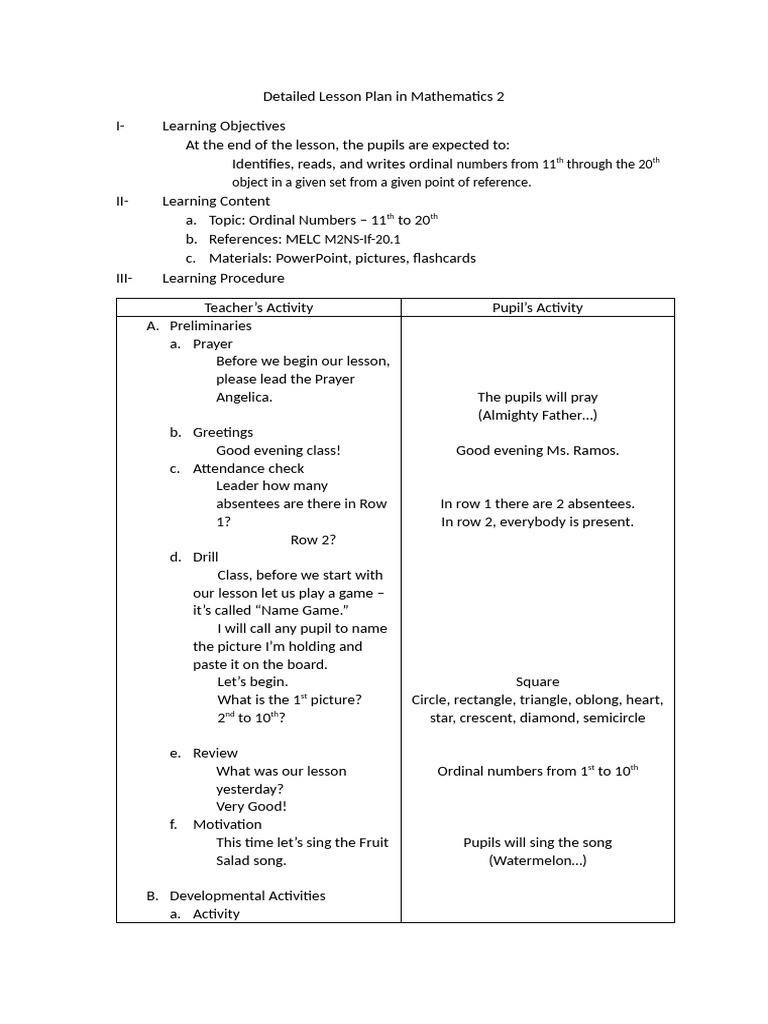 Detailed Lesson Plan in Mathematics 2 | PDF
