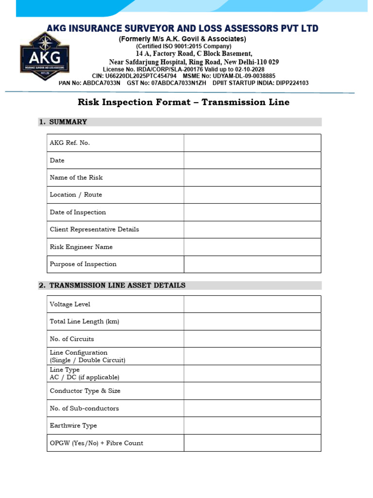 Risk Inspection Format - Transmission Lines | PDF | Insulator ...