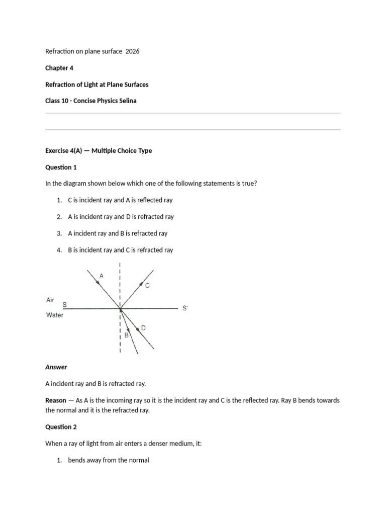 Refraction On Plane Surface 2026.docx Soluttions Selina | PDF ...