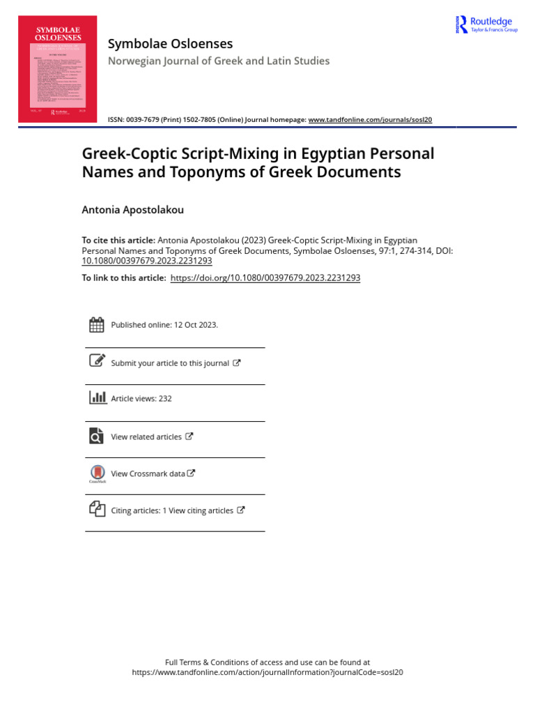 Greek-Coptic Script-Mixing in Egyptian Personal Names and Toponyms of ...