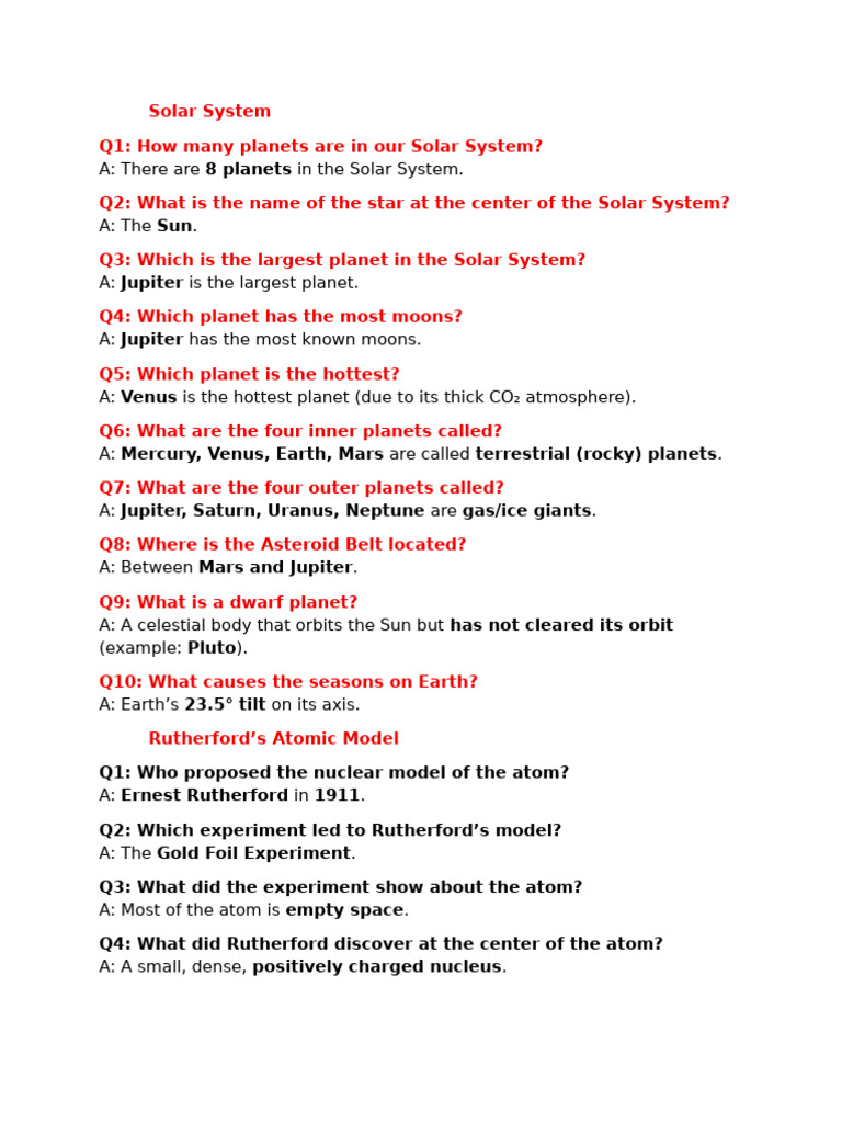 Solar System and Rutherford's Atomic Model QnA | PDF