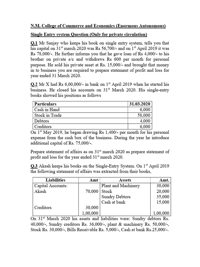 Single Entry System Questions | PDF | Income Statement | Financial Services