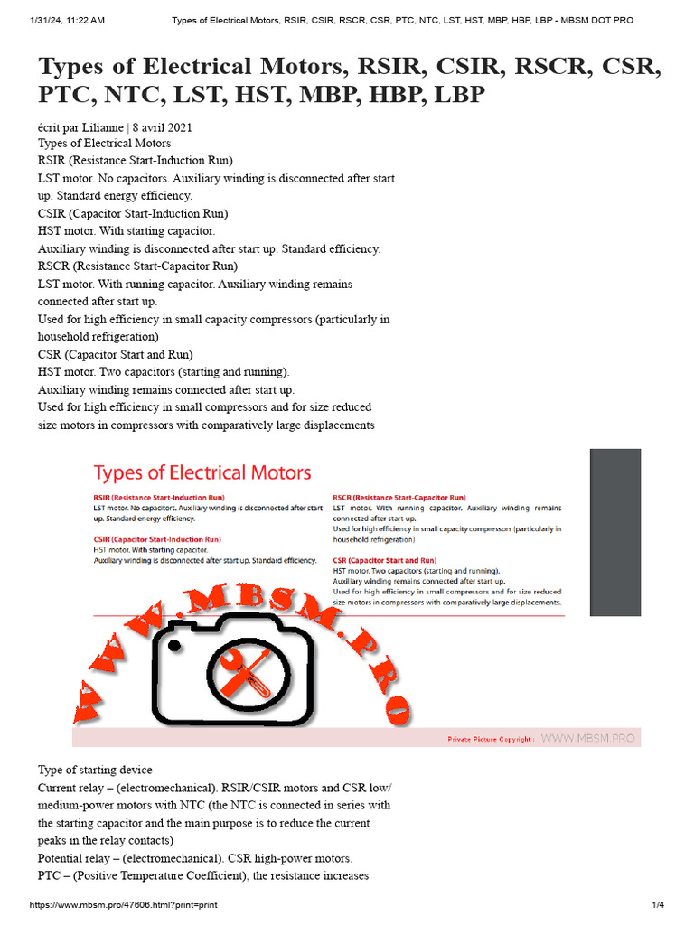 Types of Electrical Motors, Rsir, Csir, RSCR, CSR, PTC, NTC, LST, HST ...