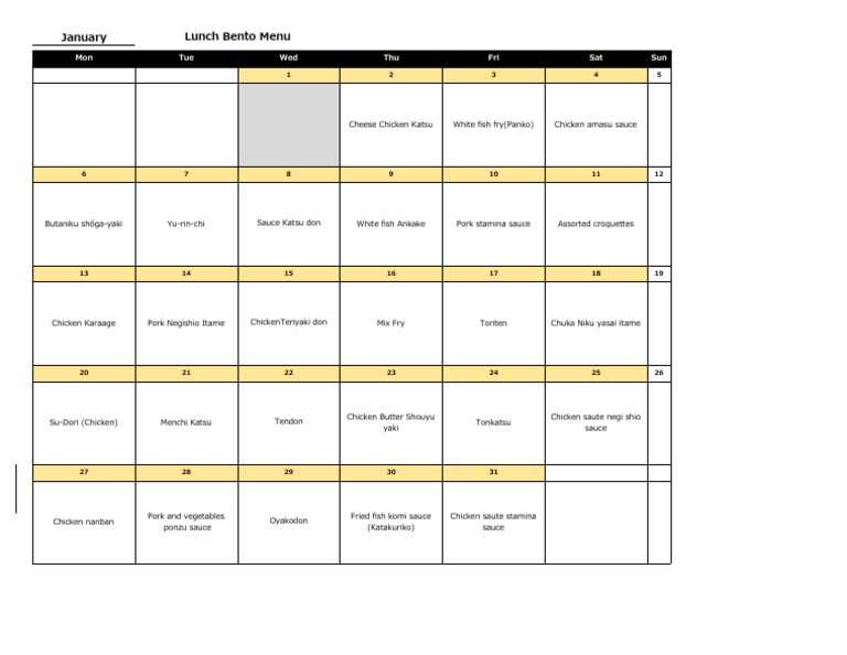 Bento Menu January 2025 | PDF