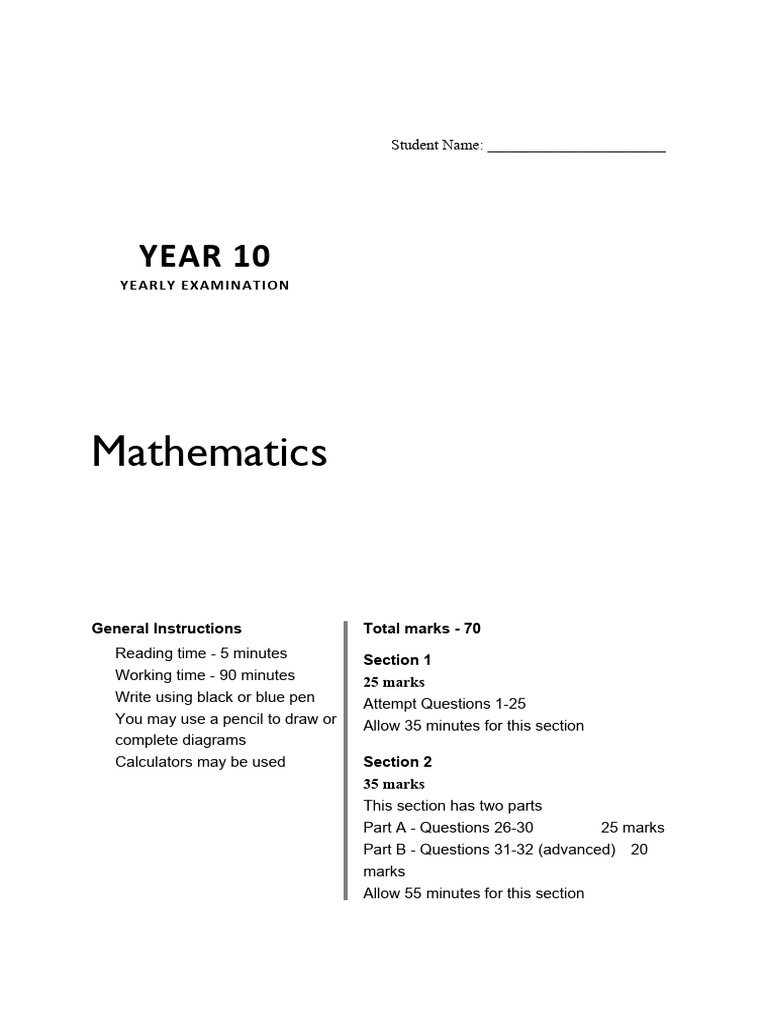 Yr10 Math Yrly Practice Paper3 | PDF | Mathematics