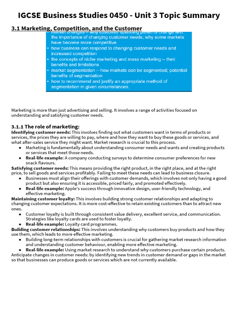 IGCSE Business Studies 0450 - Unit 3 Topic Summary | PDF | Marketing ...