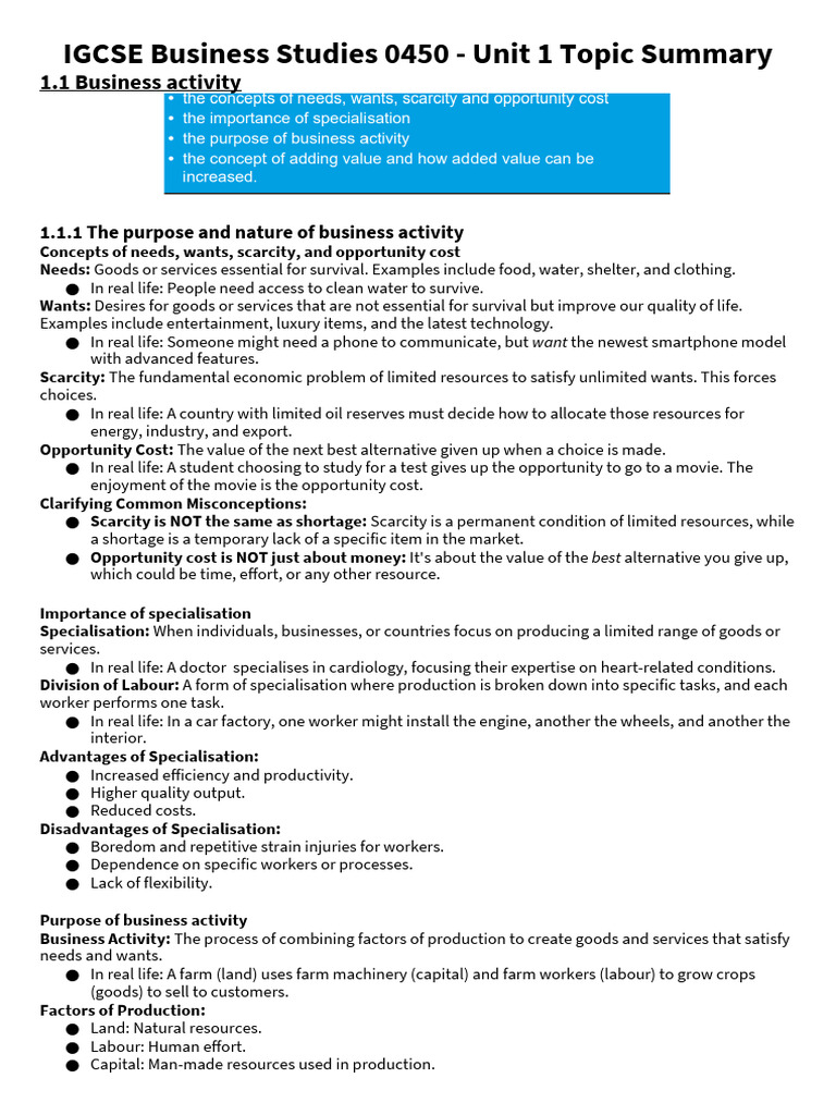 IGCSE Business Studies 0450 - Unit 1 Topic Summary | PDF | Franchising ...