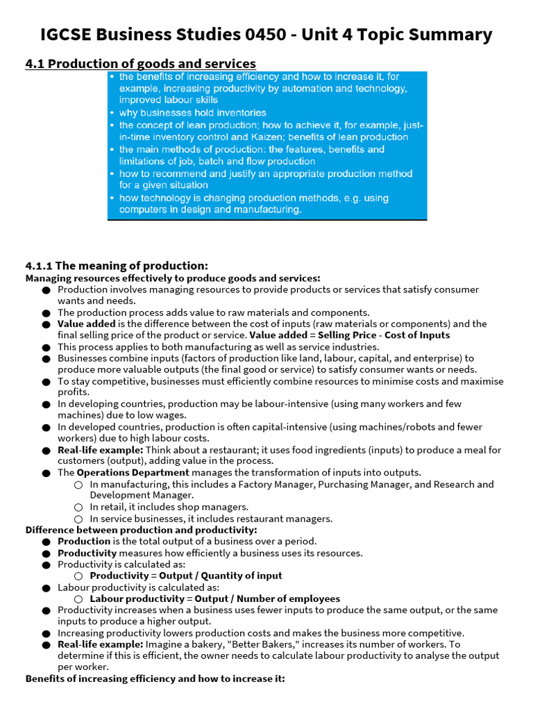 IGCSE Business Studies 0450 - Unit 4 Topic Summary | PDF | Economies ...
