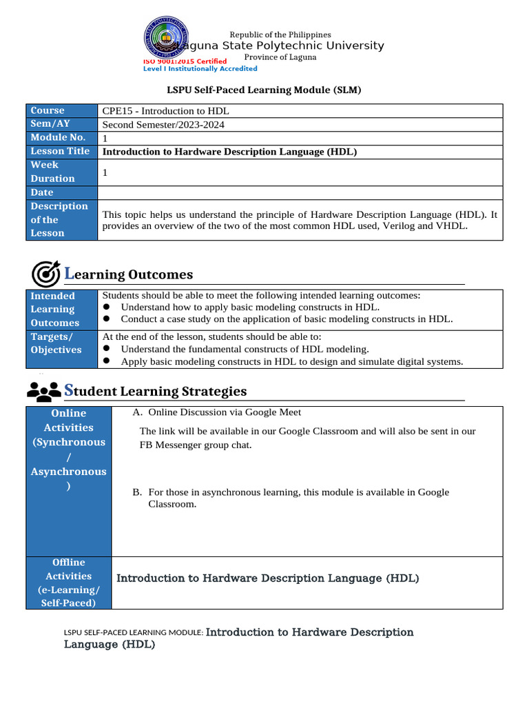 CPE15 Module 1 | PDF | Hardware Description Language | Electronic ...