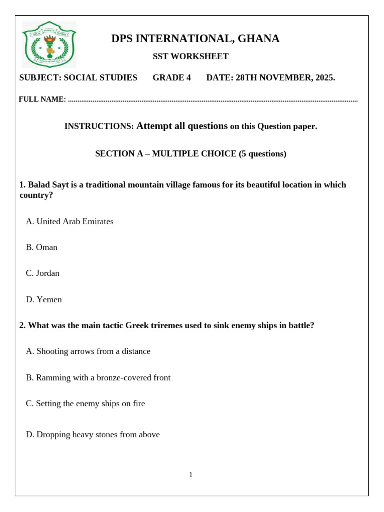 SST Grade 4 Work Sheet 28th Nove | PDF