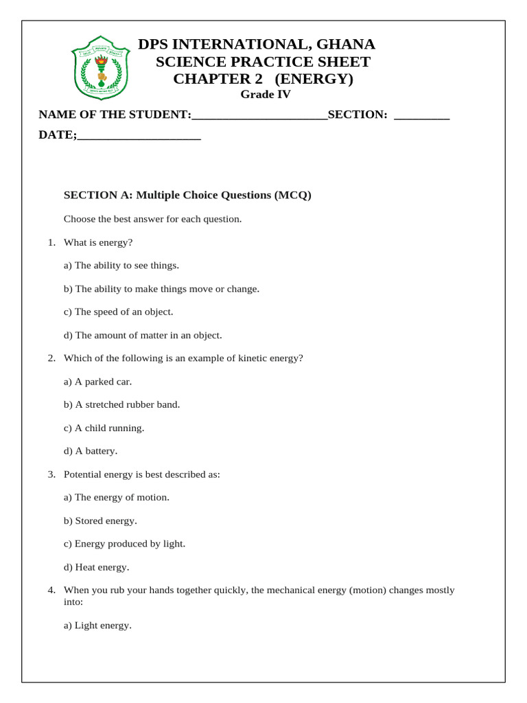 Grade 4 Practice Sheet 2energy 2025 To 2026 | PDF | Foods | Nature