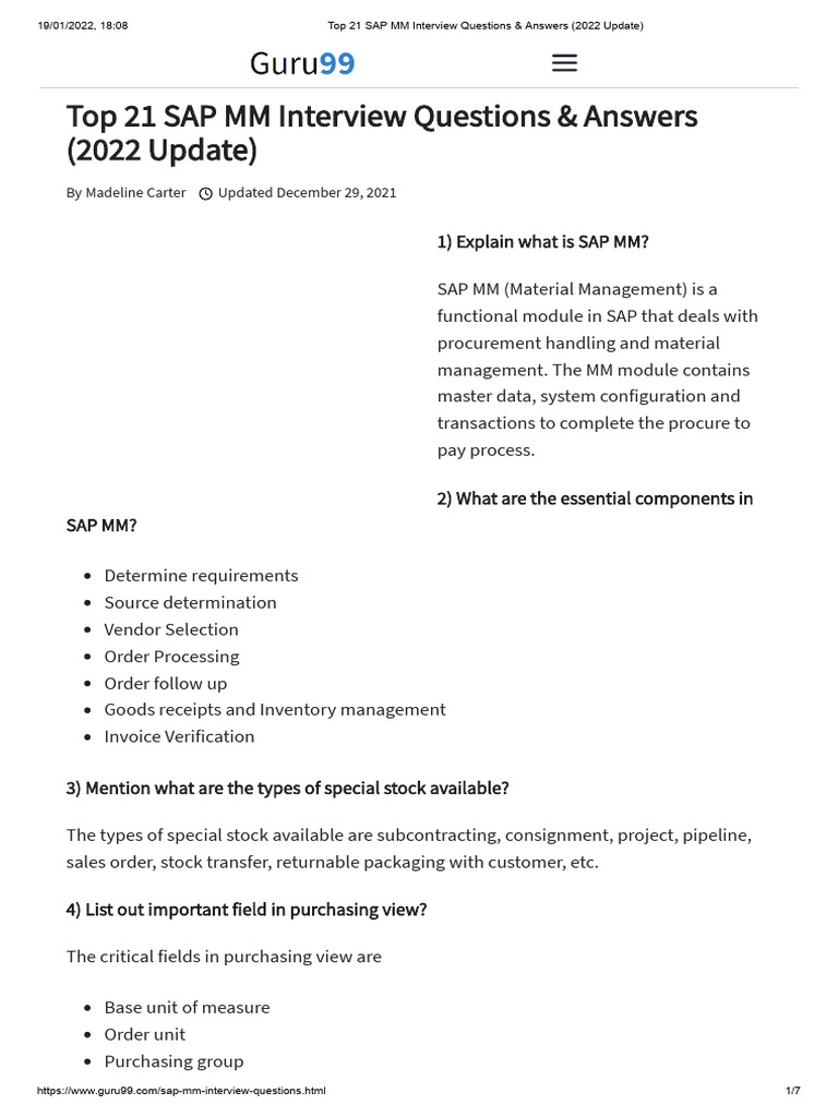 Top 21 SAP MM Interview Questions & Answers (2022 Update) | PDF ...