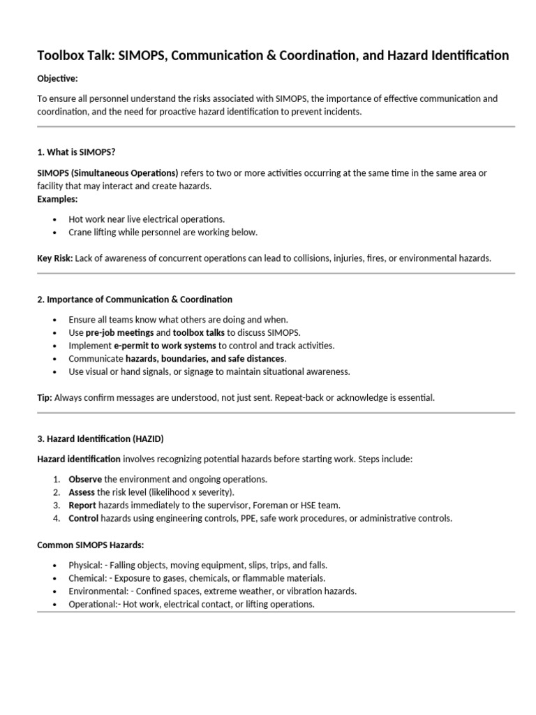 SIMOPS CommunicationToolbox Talk | PDF | Hazards | Occupational Safety ...