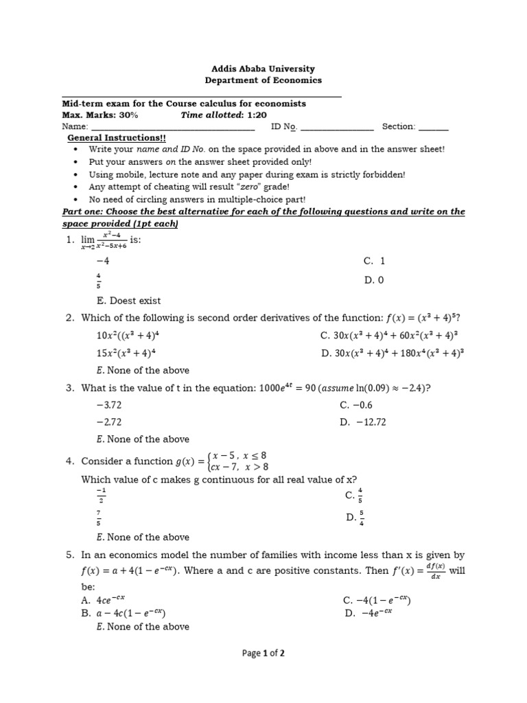 Test On Calculus To Economists | PDF