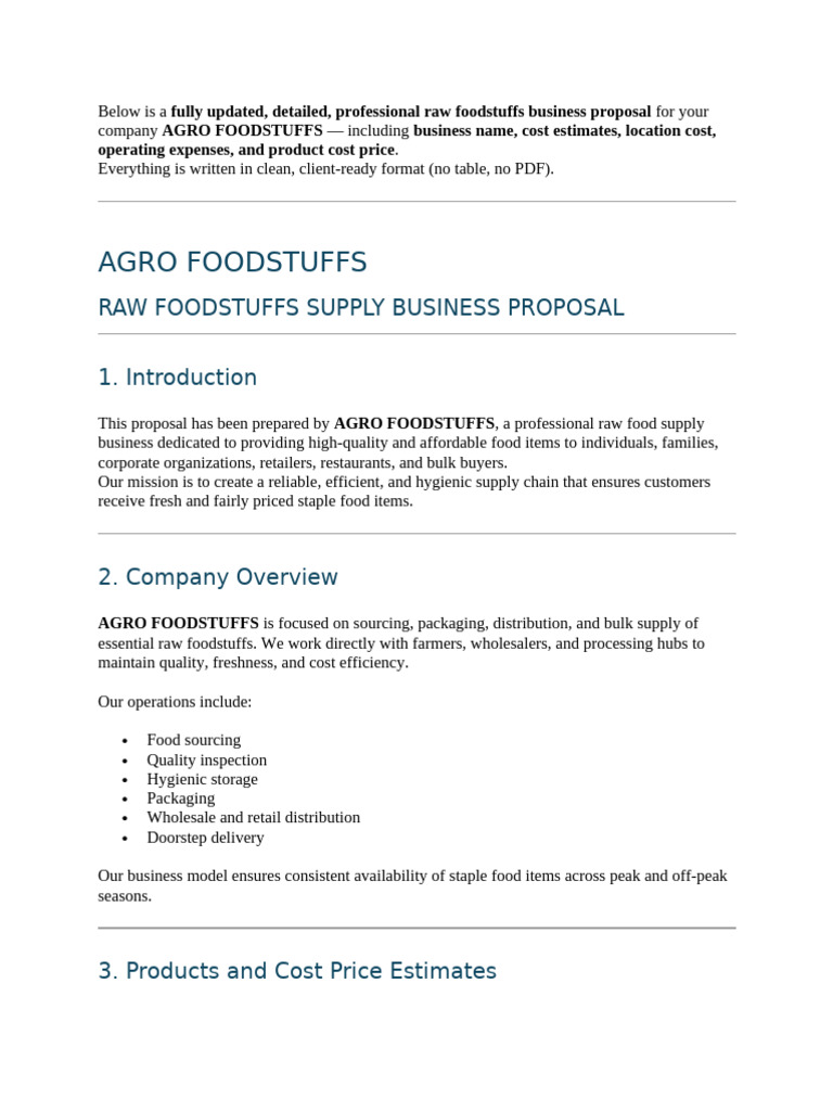 Business Proposal For Food Stuffs | PDF | Warehouse | Retail