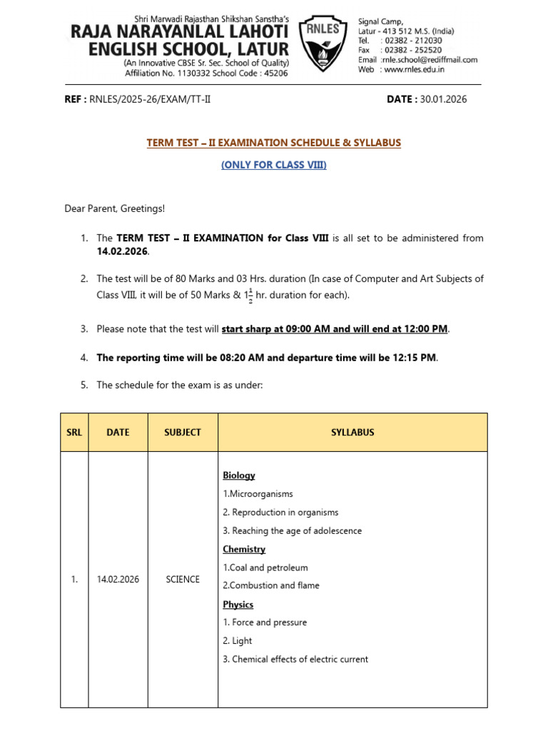 Class Viii TT II Schedule & Syllabus 2025-26 | PDF | Mathematics