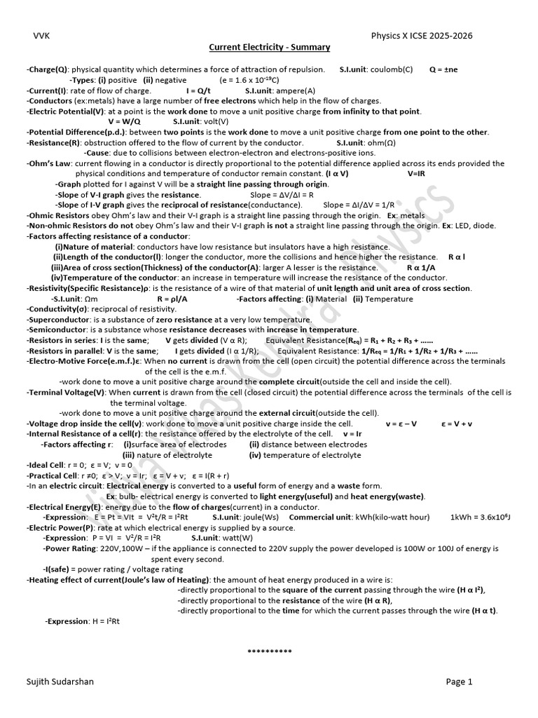 CH 8 Electricity Summary Notes 2025 | PDF | Electrical Resistance And ...