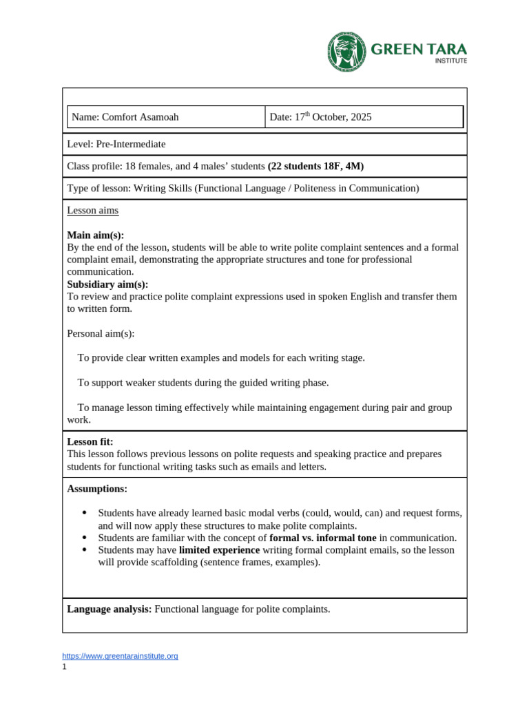 Individual TP 1 Lesson Plan by TR Comfort | PDF | Communication ...
