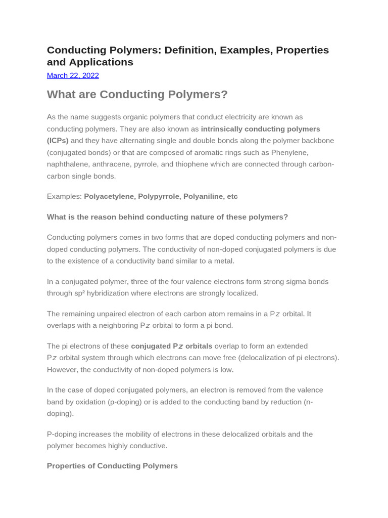 Conducting Polymers With Example Simple Form | PDF | Materials | Chemistry