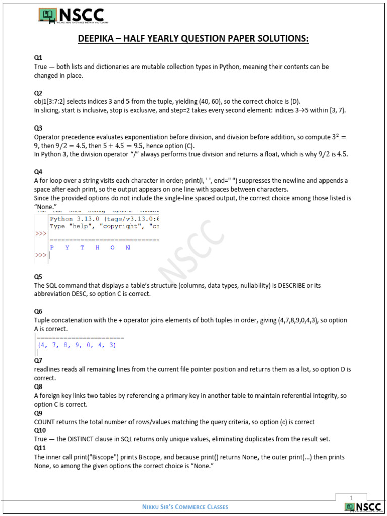 Half Yearly Sol - Cs - Deepika | PDF | Parameter (Computer Programming ...