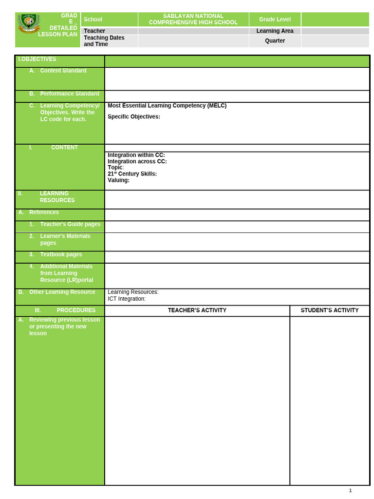 Detailed Lesson Plan Format 1 | PDF | Learning | Lesson Plan