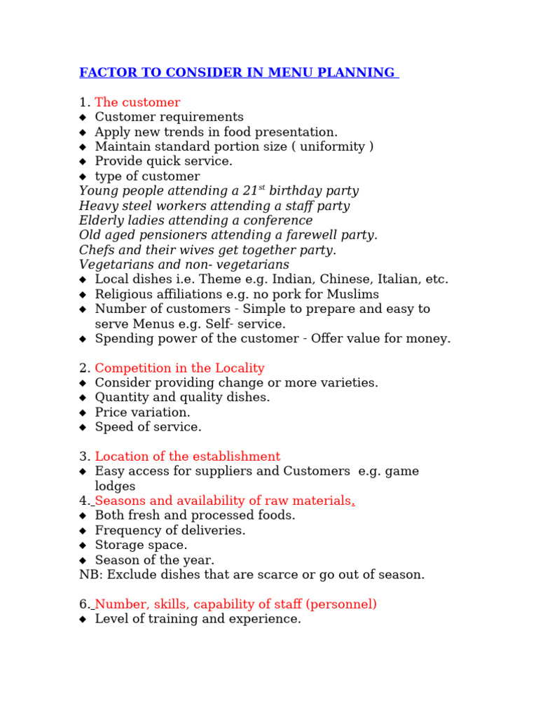 Factors To Consider in Menu Plannining | PDF | Menu | Taste