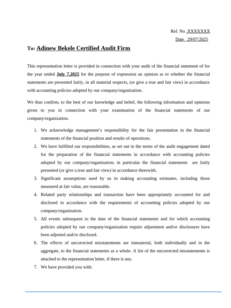 Representation Letter Format | PDF | Balance Sheet | Audit