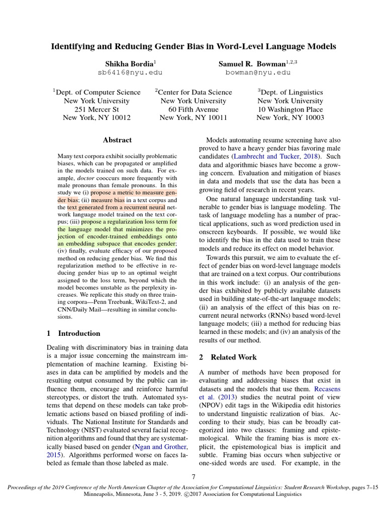 Identifying and Reducing Gender Bias in Word-Level Language Model | PDF ...