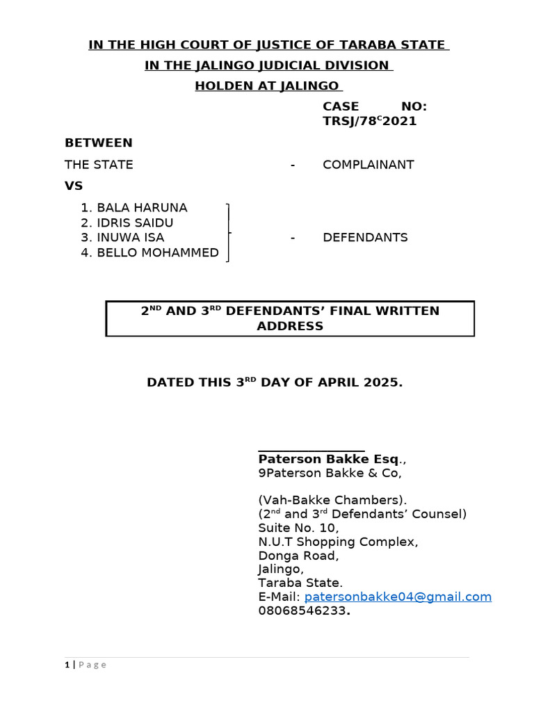 Bala Haruna Final Written Address | PDF | Burden Of Proof (Law ...