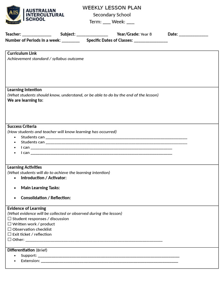 2026 Weekly Lesson Plan Template | PDF