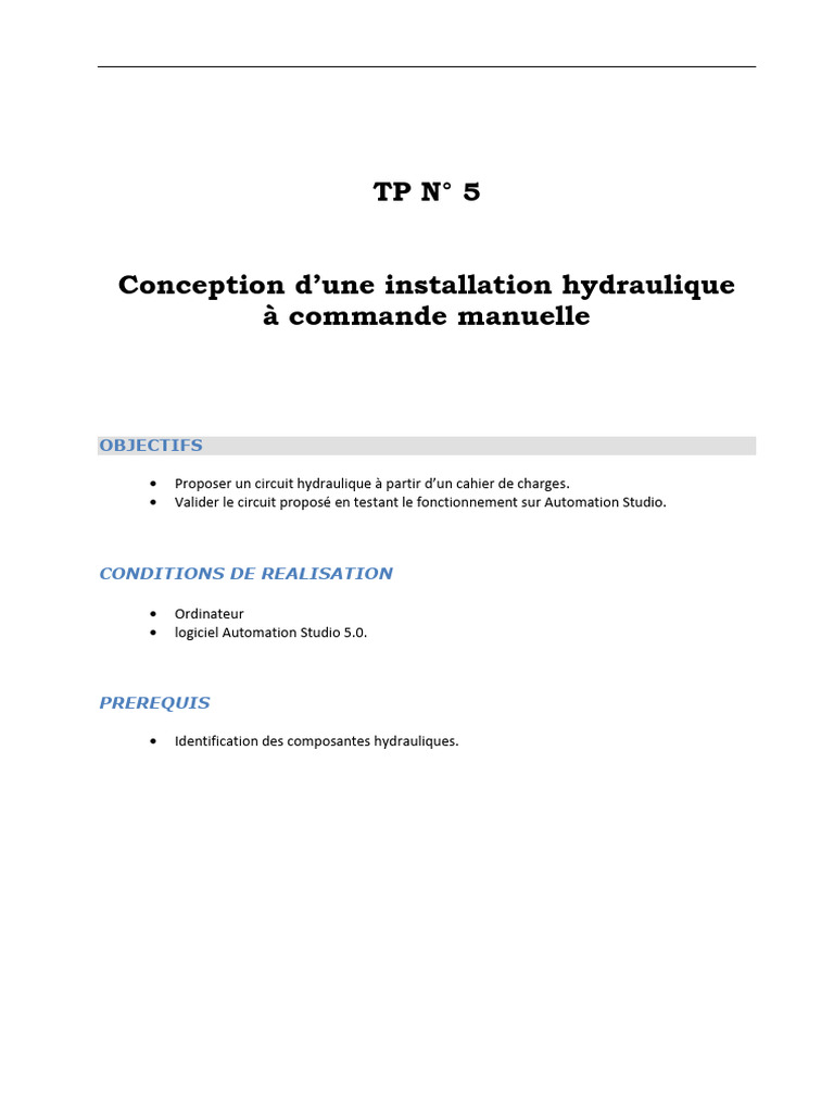 Tp5 Conception Installation Hydraulique Commande Manuelle | PDF | Pompe ...