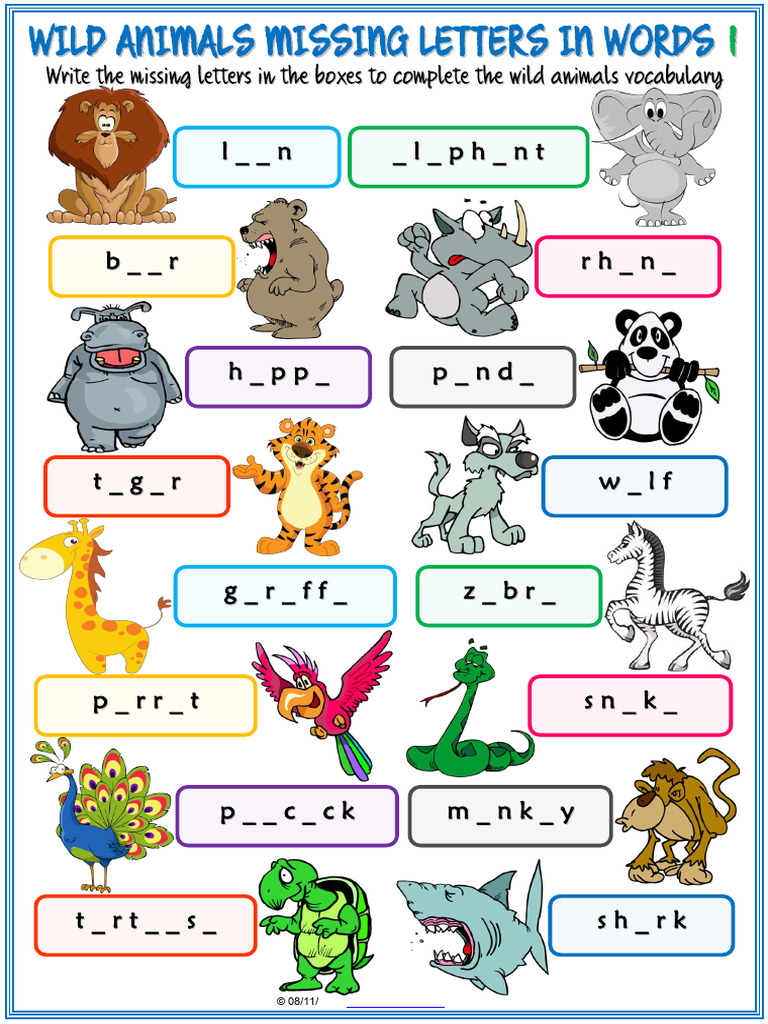 Animals Vocabulary Esl Missing Letters in Words Worksheets For Kids (1 ...