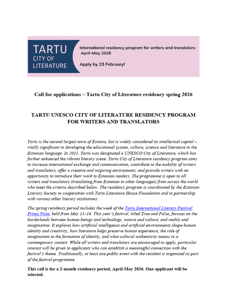 Call For Applications - TARTU UNESCO CITY OF LITERATURE RESIDENCY ...