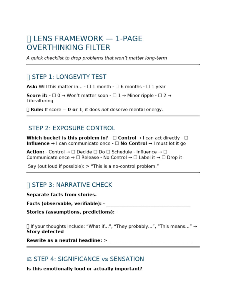 Lens Framework - 1 Page Overthinking Filter | PDF