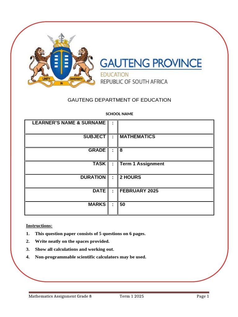 Grade 8 Term 1 Mathematics Assignment 2025 | PDF | Discrete Mathematics ...