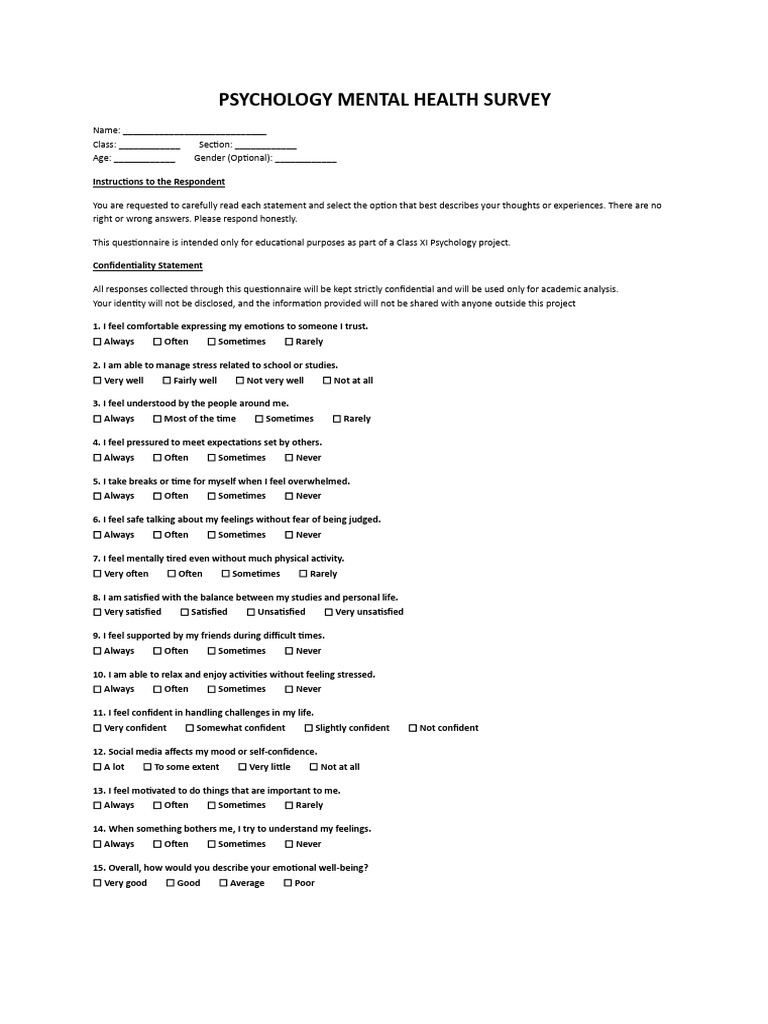 Psychology Mental Health Survey | PDF | Feeling | Psychology