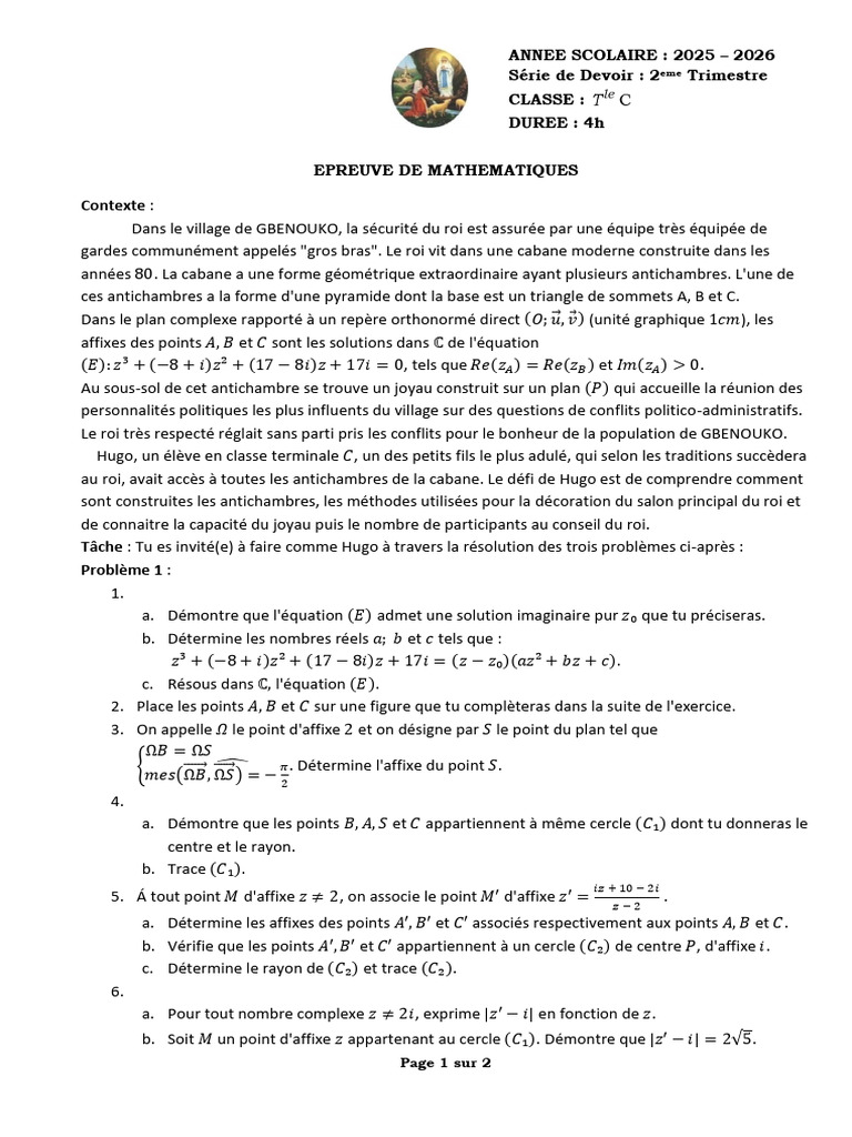 Serie Devoir TleC Trimestre 2 2025-2026 | PDF | Nombre complexe ...