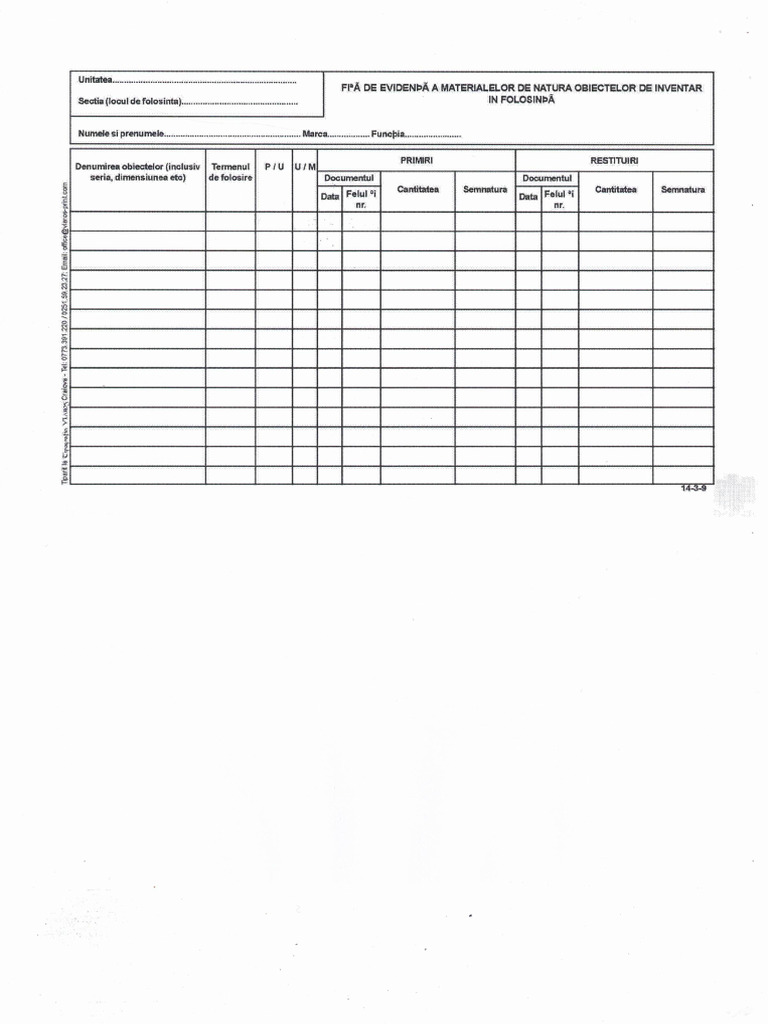 Fisa Evidenta Obiecte de Inventar Model | PDF