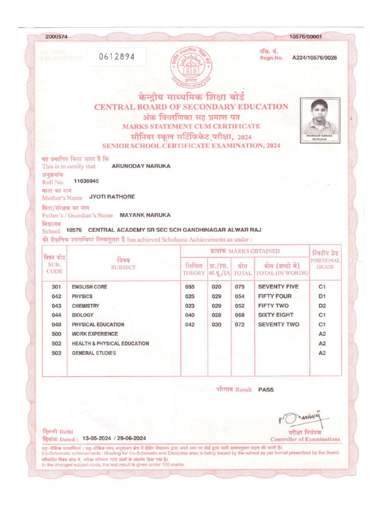 12 Marksheet Front | PDF