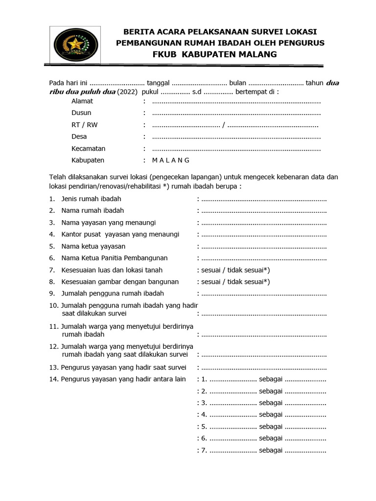 Berita Acara Survei Lap & Form Verifikasi FKUB | PDF