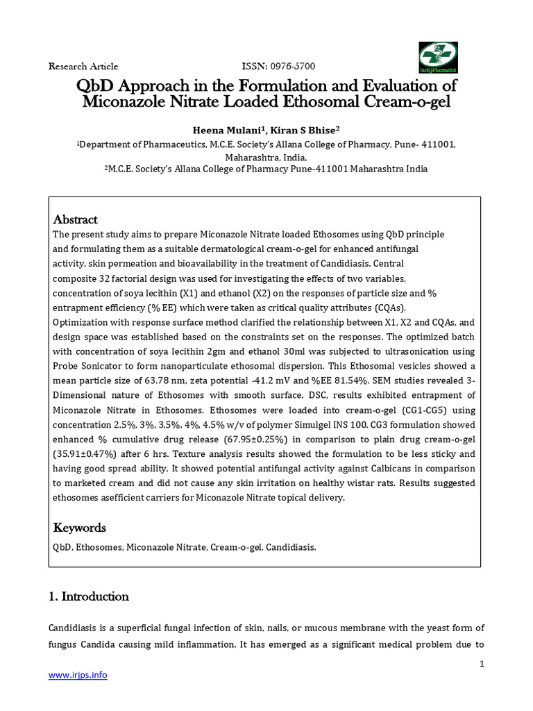 QBD Approach in The Formulation and Evaluation of Miconazole Nitrate ...