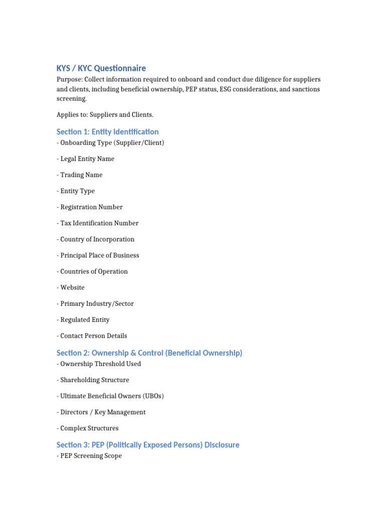 KYS KYC Questionnaire | PDF