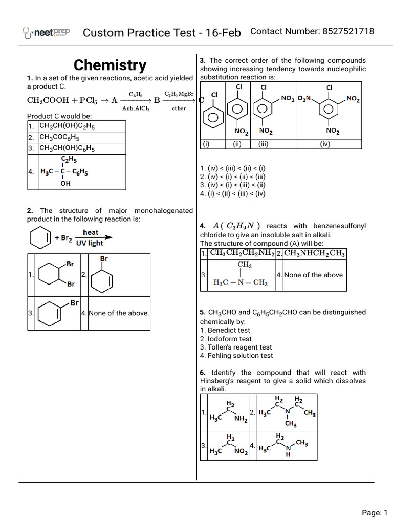 Custom Practice Test 16 Feb | PDF | Chemical Reactions | Carboxylic Acid